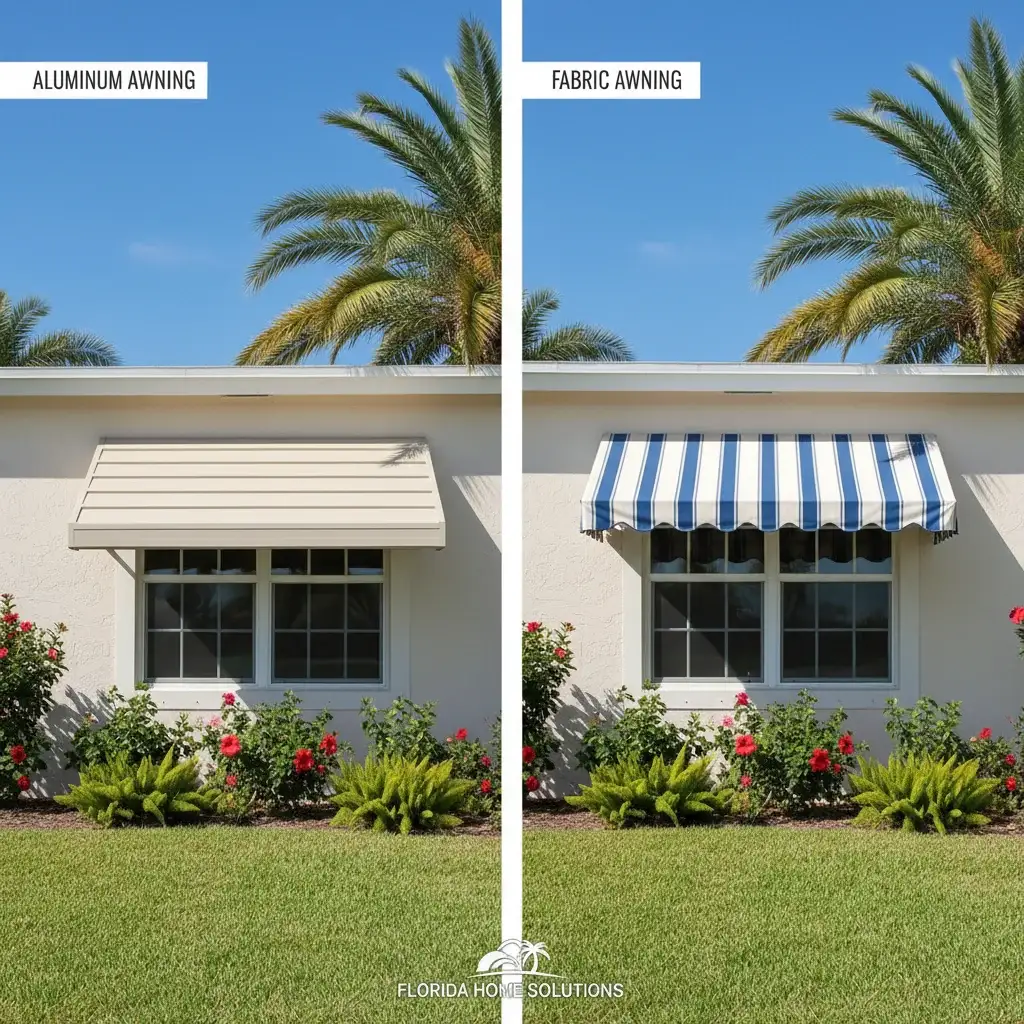 Comparison of aluminum and fabric awnings on a Florida home