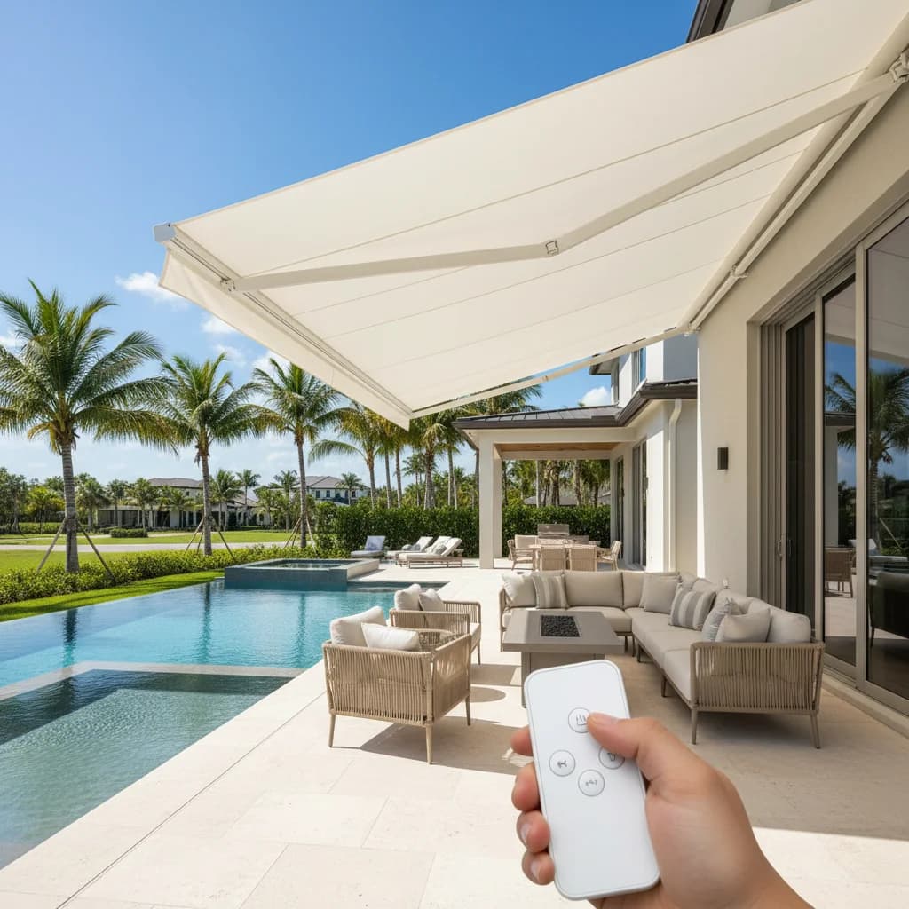 Motorized awning with remote control over pool patio