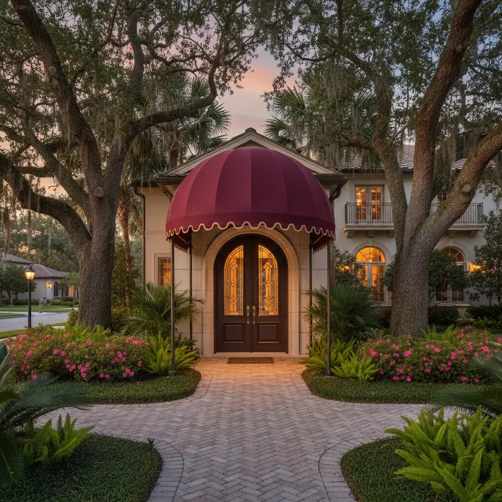 Professional dome awning installation on elegant Florida home entrance