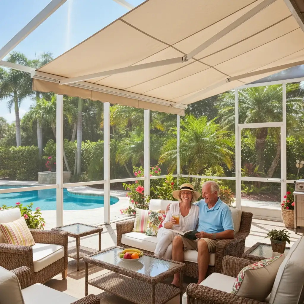 Beautiful Florida screened lanai with retractable awning providing shade