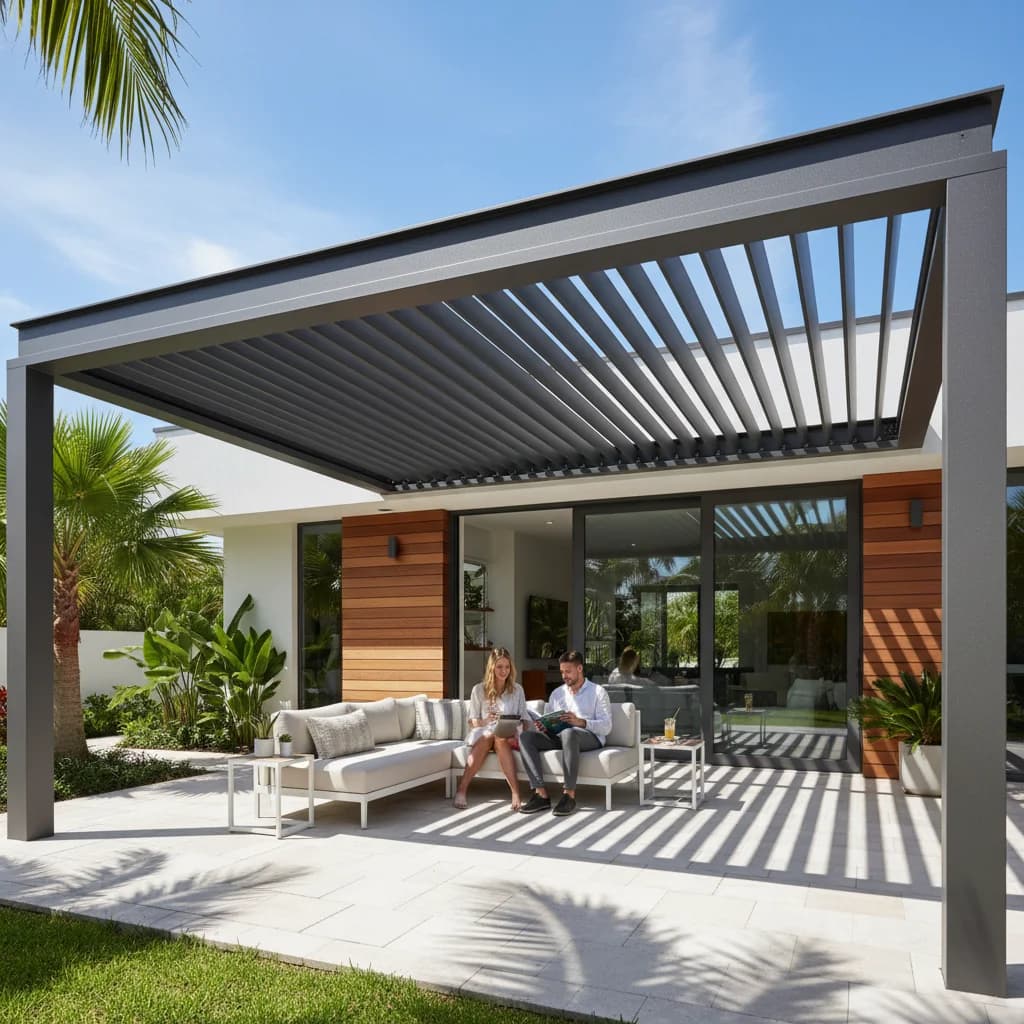 Modern louvered pergola with adjustable slats creating dappled light on Florida patio