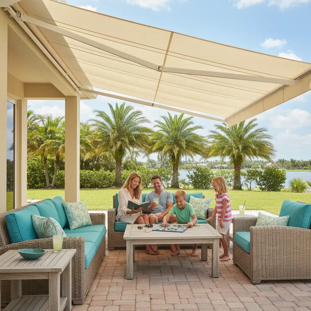 Florida patio transformed with retractable awning providing comfortable shade