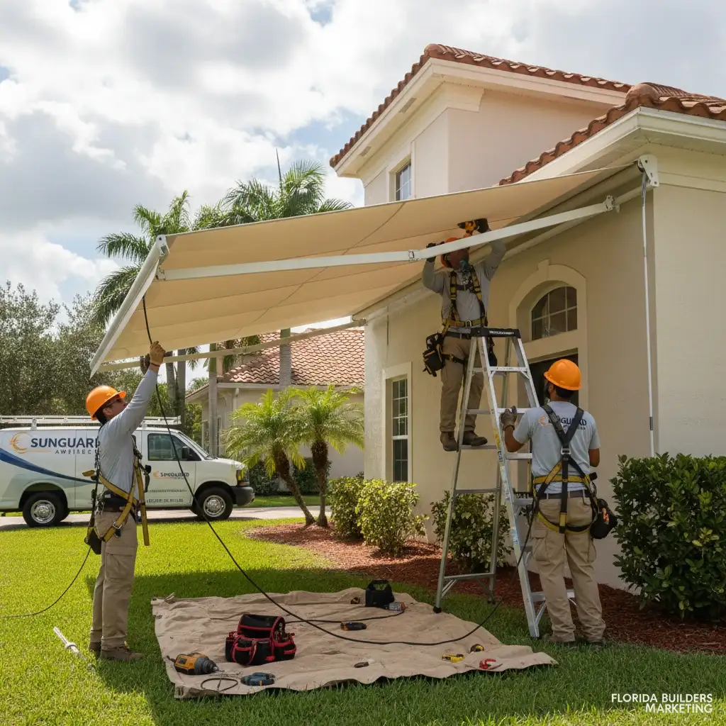 Professional awning installers mounting a new retractable awning on a Florida home