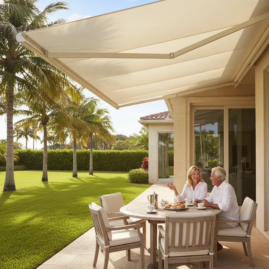 Couple enjoying coffee on a shaded Florida patio with retractable awning