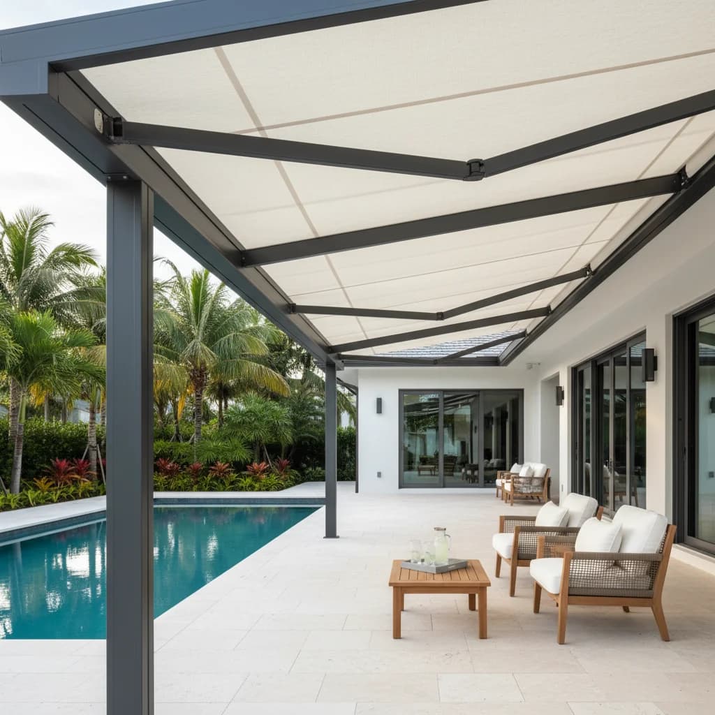 Premium motorized retractable awning showcasing quality construction over a Florida pool deck