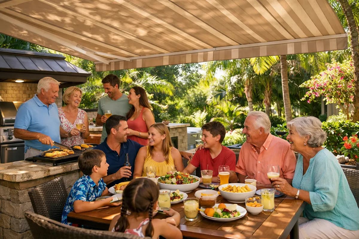 Multigenerational family enjoying shaded patio in Florida