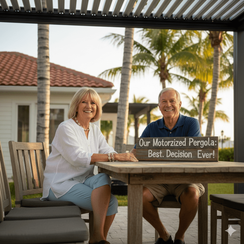 Happy couple with their motorized pergola in Naples