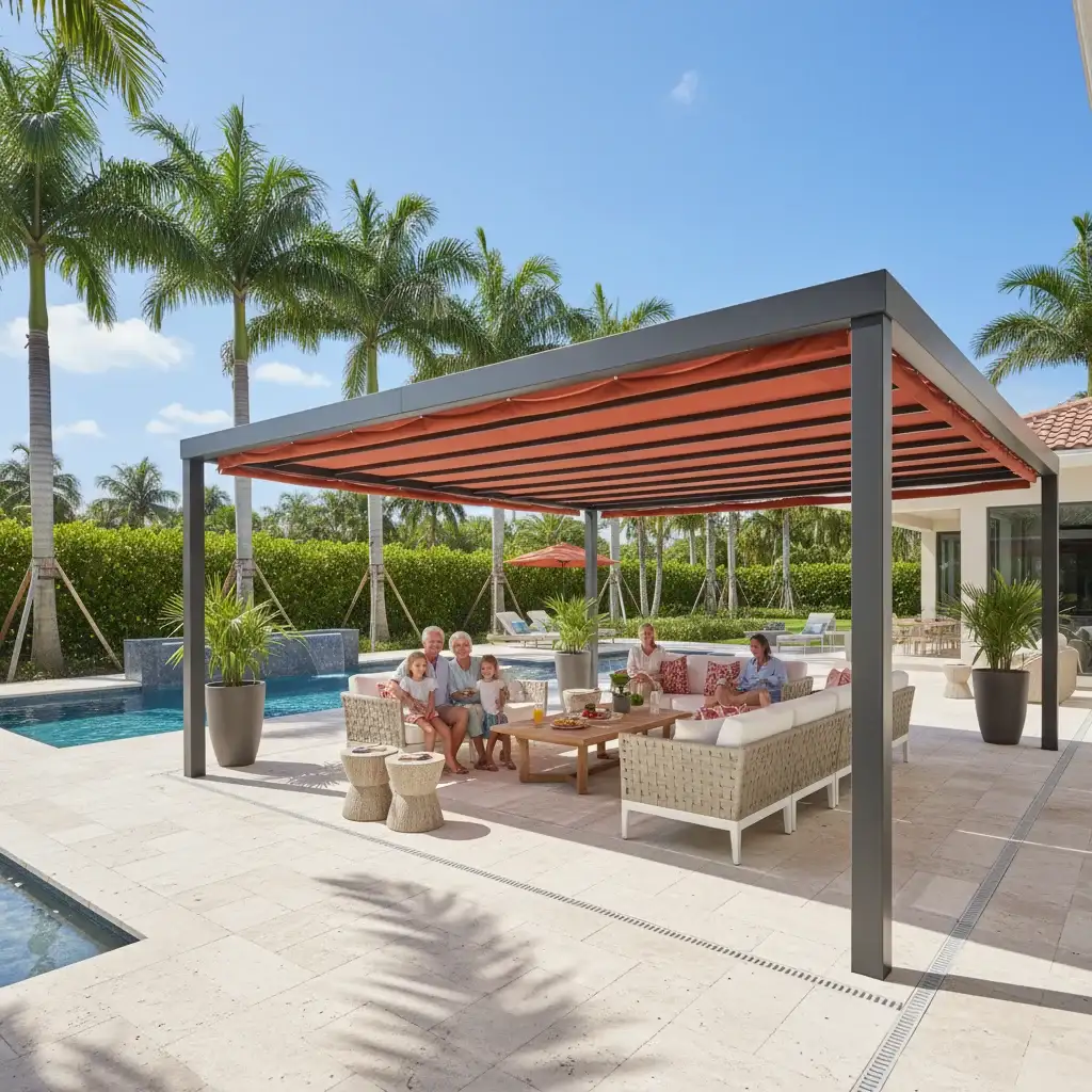 Motorized awning over a Florida pool deck with family relaxing