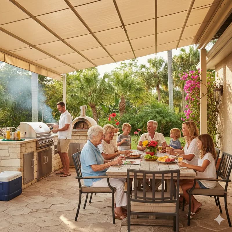 Family enjoying shaded outdoor dining in Stuart